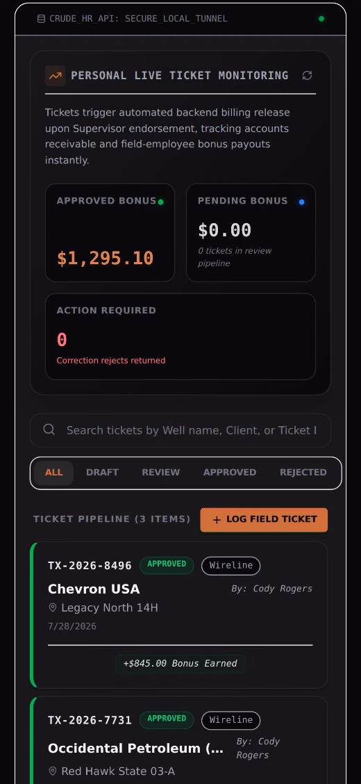 Crude HR demo: live field-ticket dashboard and pipeline