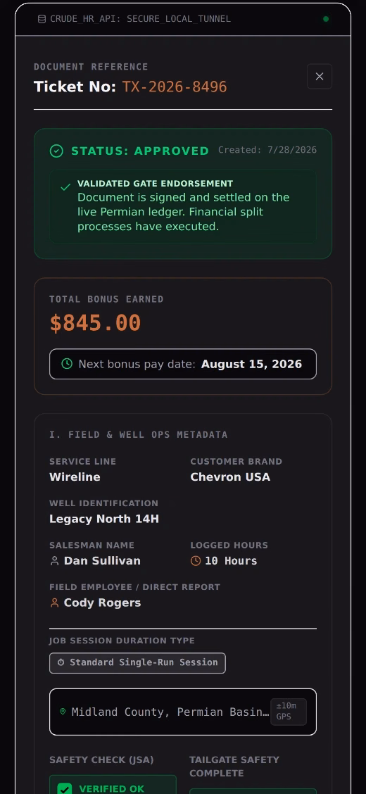 Crude HR demo: approved field ticket detail with bonus payout
